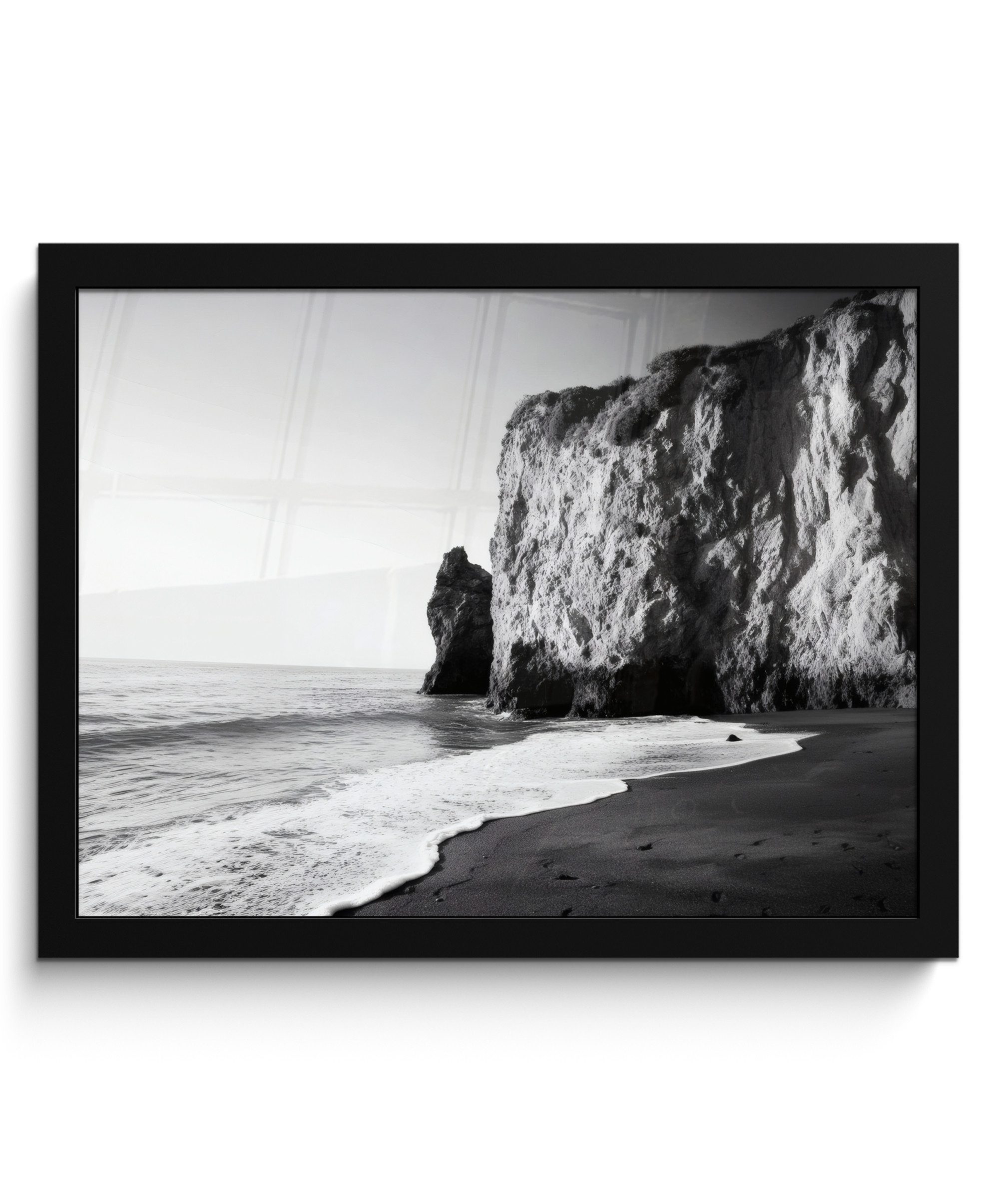 MuchoWow Poster Strand - Klippe - Wellen - Fußstapfen, (1 St), Bilderrahmen, Deko für Wohnzimmer und Schlafzimmer, 40x30 cm