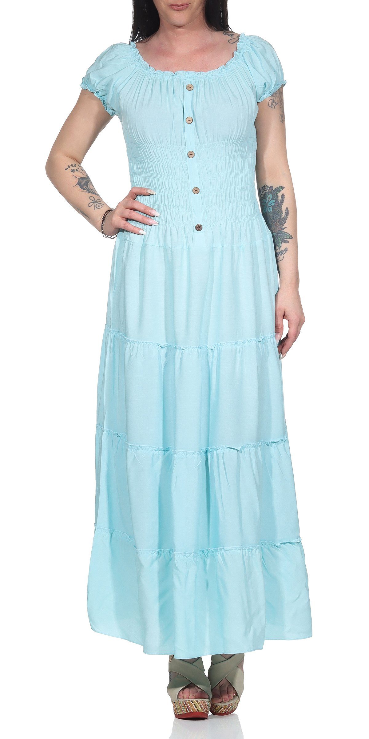 Aurela Damenmode Strandkleid Kleider Damen elegant Sommer Kleider lang einfarbig Gesamtlänge: 132 - 135cm, Carmen- oder Rundhals Ausschnitt möglich Türkis