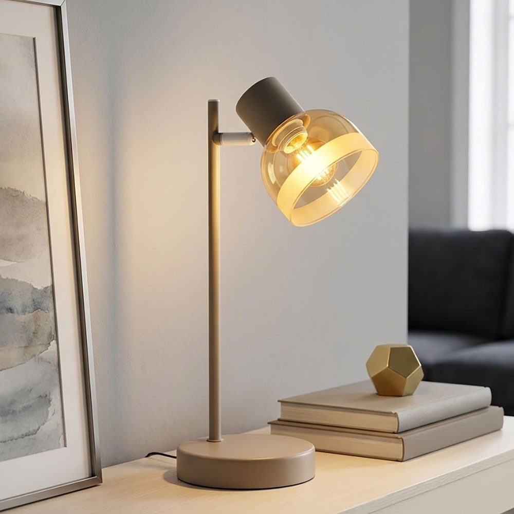 GLOBO LIGHTING Schreibtischlampe, Leuchtmittel nicht inklusive, Tischleuchte Metall Sandfarben Matt amber Glas Beweglicher Spot H 35cm