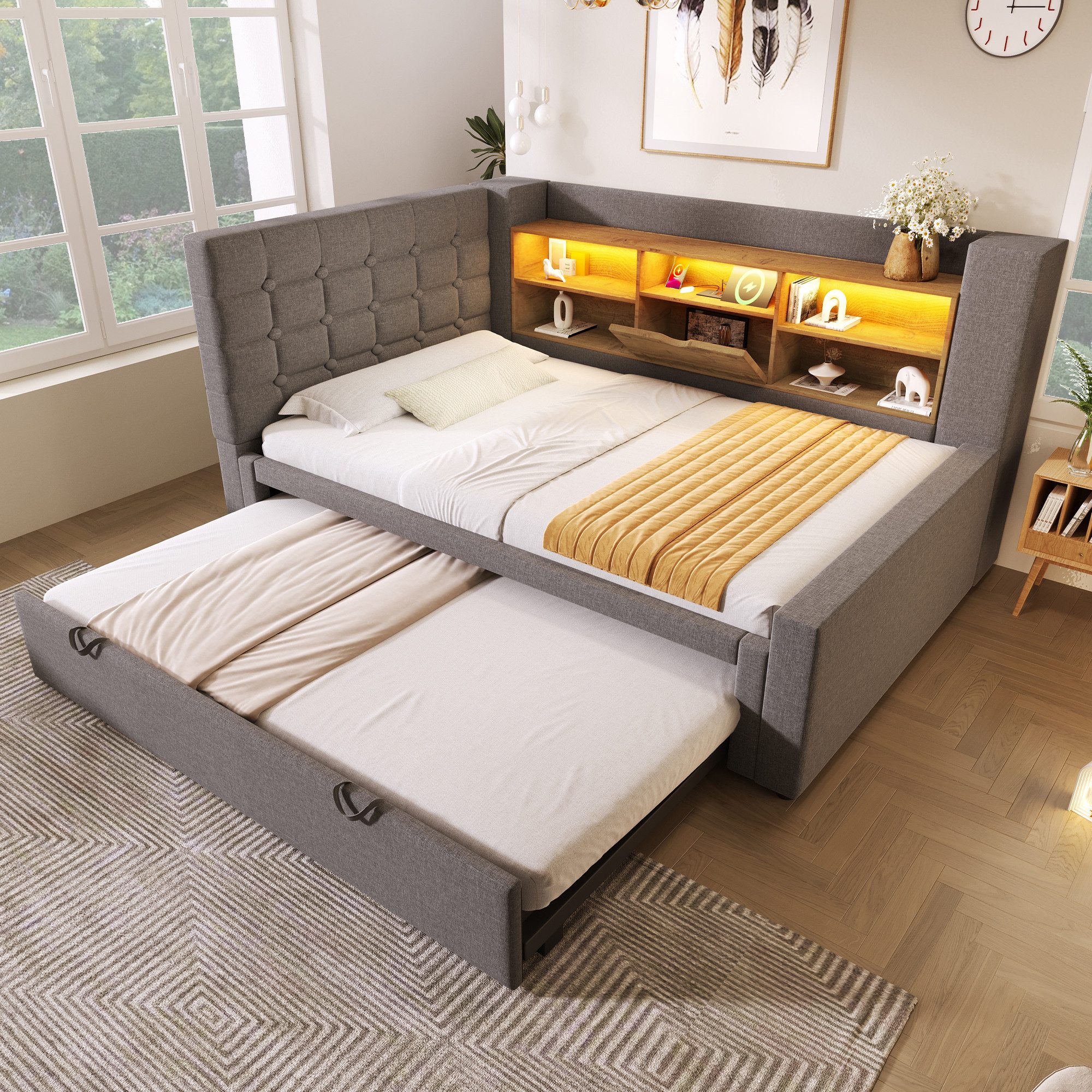 HAUSS SPOLE Schlafsofa 90x200 mit bettfunktion,Polsterbett Tagesbett ausziehbar mit LED