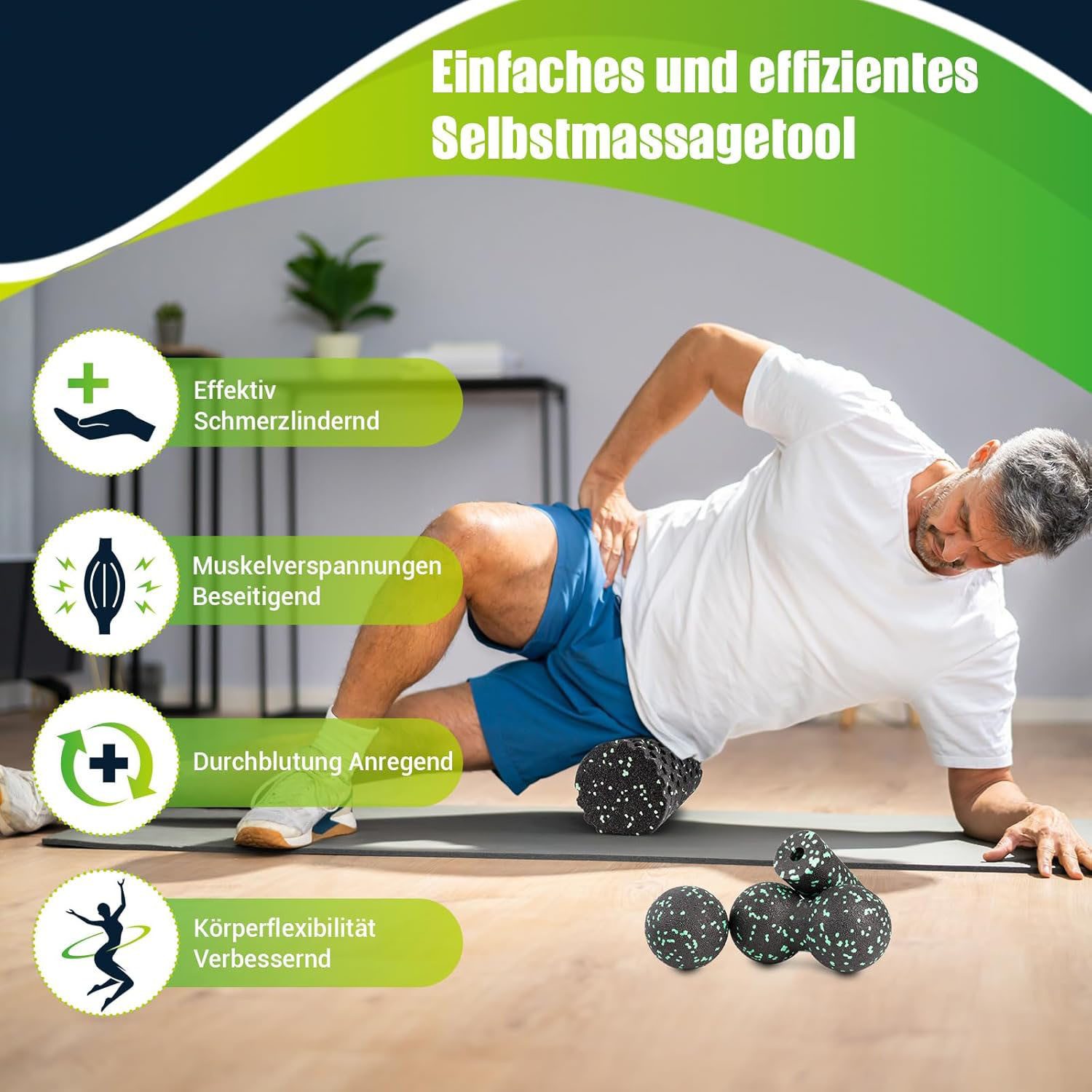 SURFOU Faszienrolle Set Faszien Großer Duoball, Faszienball Faszienrolle Selbst-Massage Set, Faszien Set für Rücken Wirbelsäule Bein Dehnungen und Faszientraining