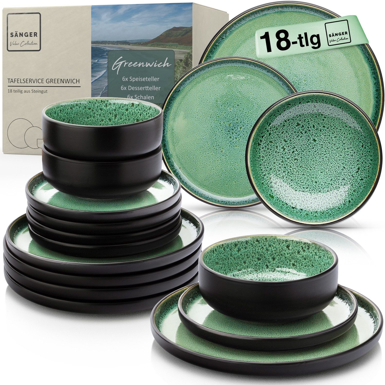 SÄNGER Tafelservice Greenwich Geschirrset, Grün mit schwarzem Rand (18-tlg), 6 Personen, Steingut, Greenwich, Handmade, Erweiterbar, VALUE COLLECTION