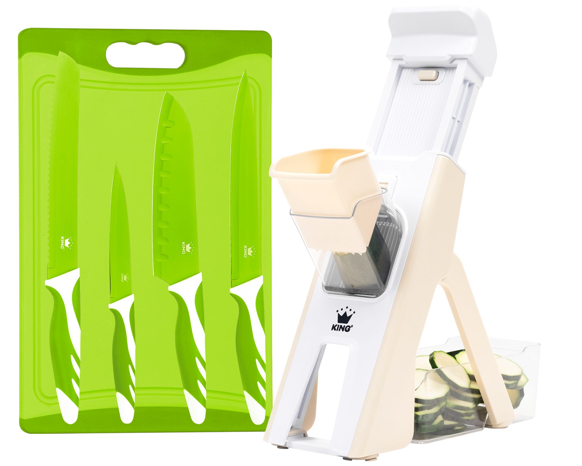 KING Küchenreibe Veggie-Turm-Reibe, Kunststoff, (Set, 4-St., 1 Reibe, 3 Schneidebretter), Vertikale-Reibe inkl. Auffangbehälter, unterschiedliche Schnittmodi