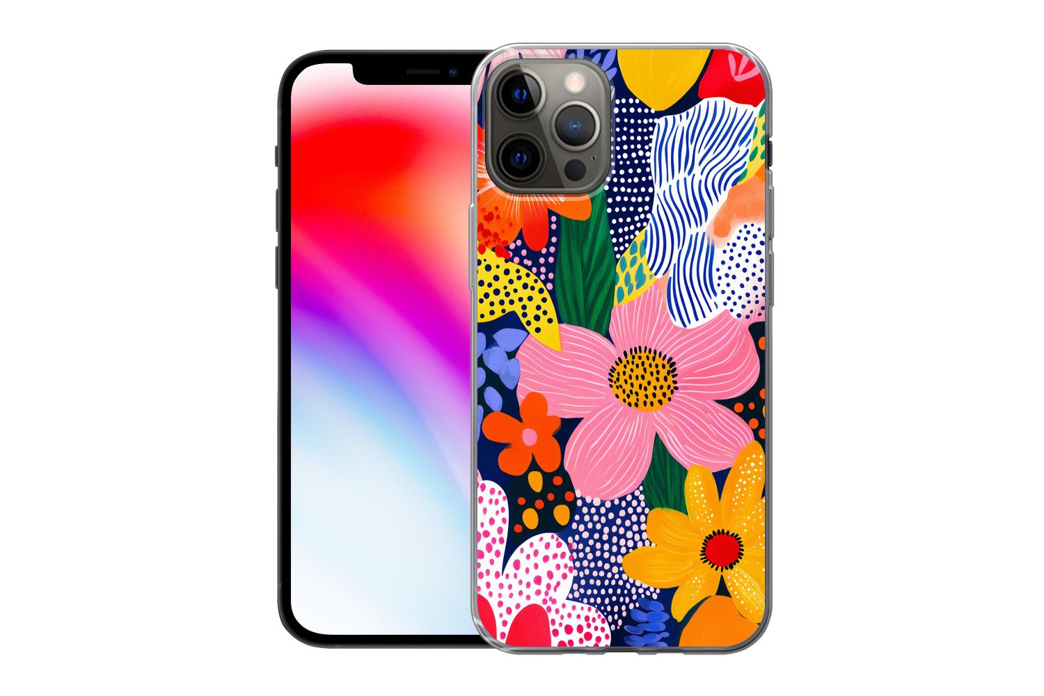MuchoWow Handyhülle für Apple iPhone 12 Pro Bunt - Blumen - Abstrakt - Punkte, Smartphone-Bumper, Print, Handy Schutzhülle Dünn