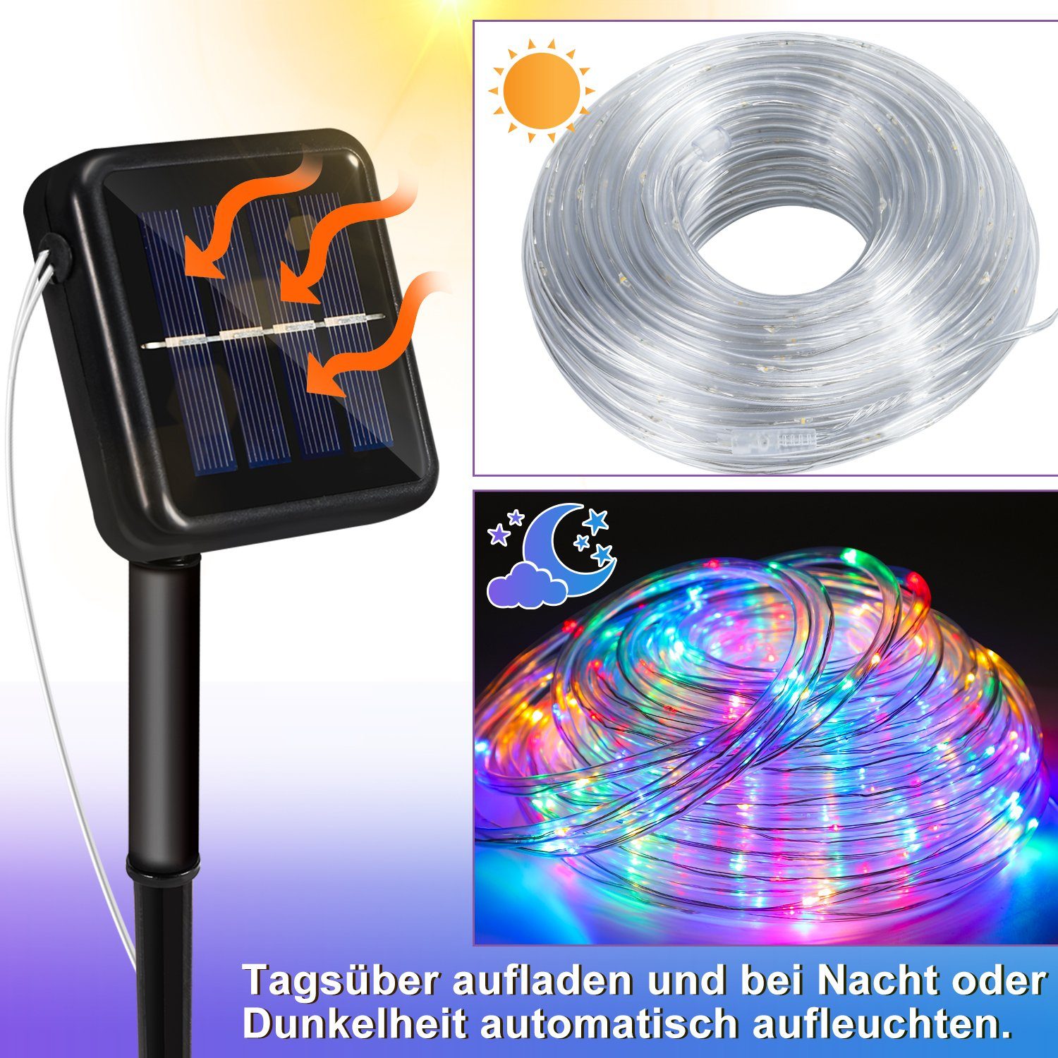 Gimisgu LED-Lichterschlauch Solar Lichtschlauch Lichterkette Wasserdicht 10m Lichterschlauch Bunt LED