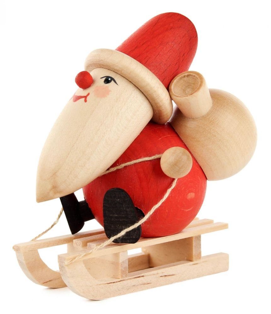 Dregeno Erzgebirge Weihnachtsfigur Miniatur Weihnachtsmann Schlittenfahrer H=9cm NEU, auf Schlitten mit Geschenkesack