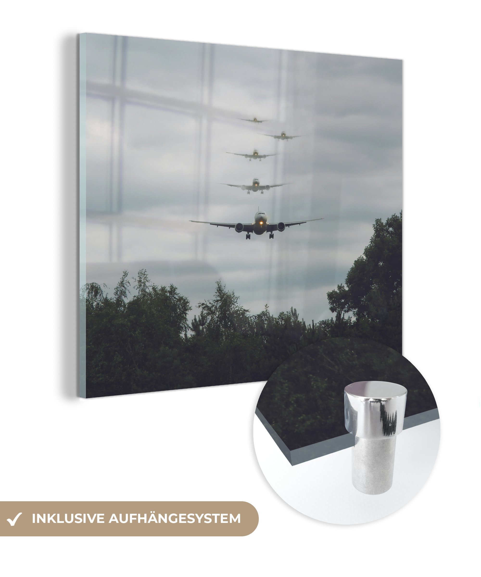 MuchoWow Acrylglasbild Mehrere Flugzeuge setzen zur Landung an, (1 St), Glasbilder - Bilder auf Glas Wandbild - Foto auf Glas - Wanddekoration