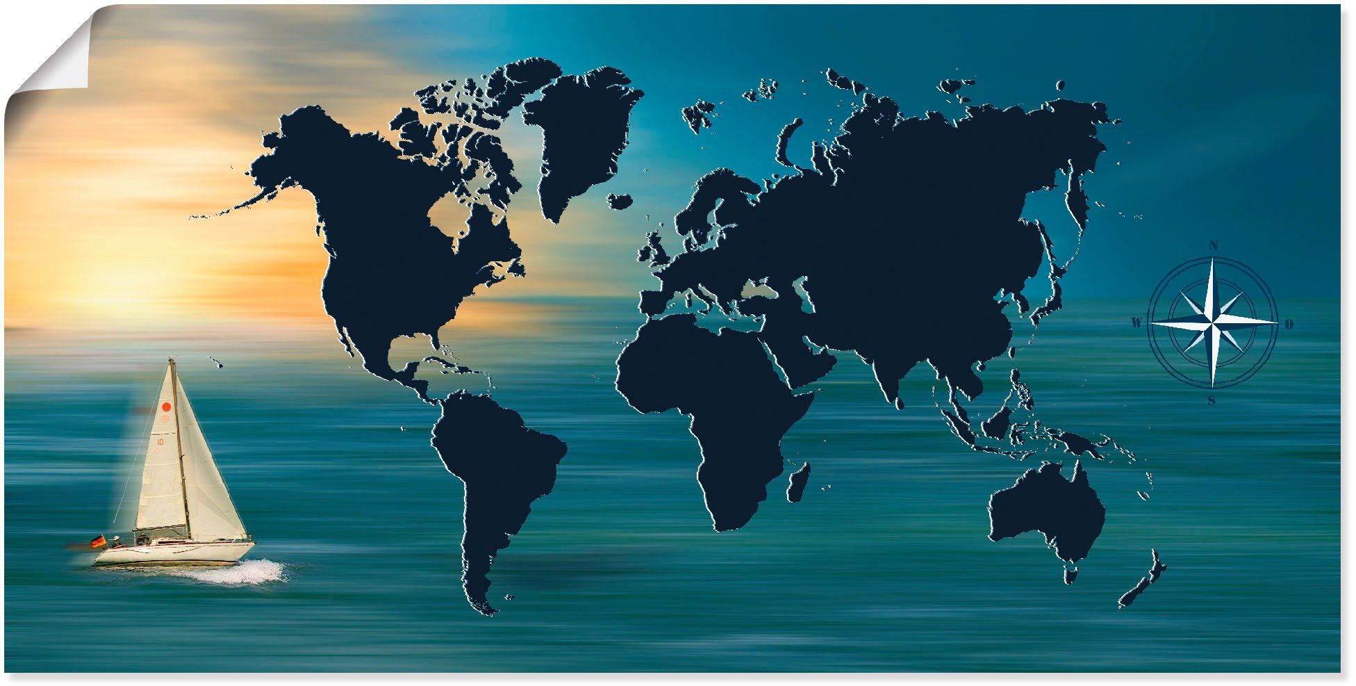 mit (1 versch. Landkarten Leinwandbild, oder Weltumsegelung Weltkarte, Artland als Poster Wandbild St), in Wandaufkleber Größen