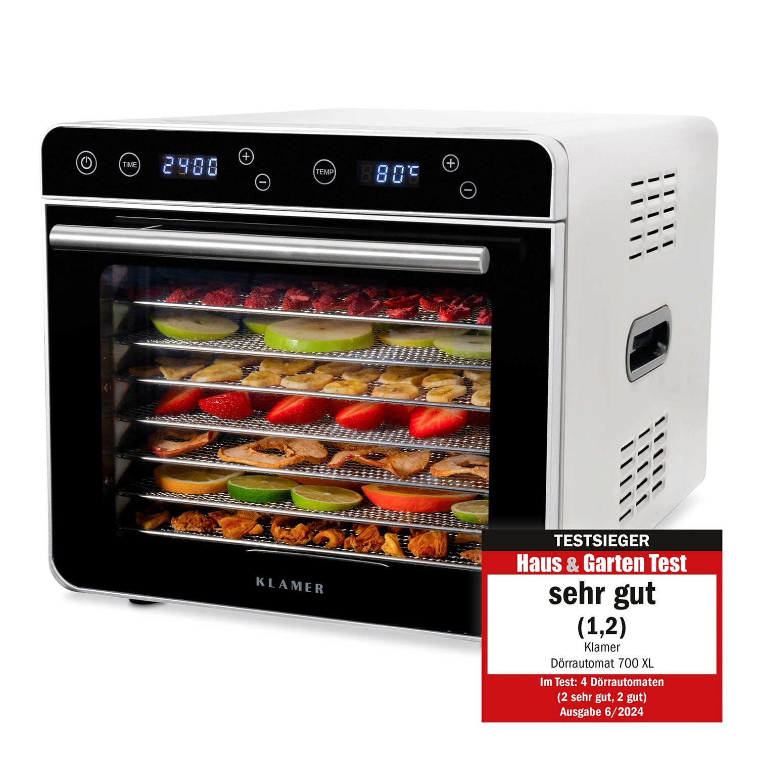 KLAMER Dörrautomat Premium XL 700W, 24h-Timer und 35-80°C Temperaturregler, 8 extra groß… 700 W, 8 Etagen, optimale Trocknung, 35-80°C, Timer, Gitter & Deckel BPA-frei