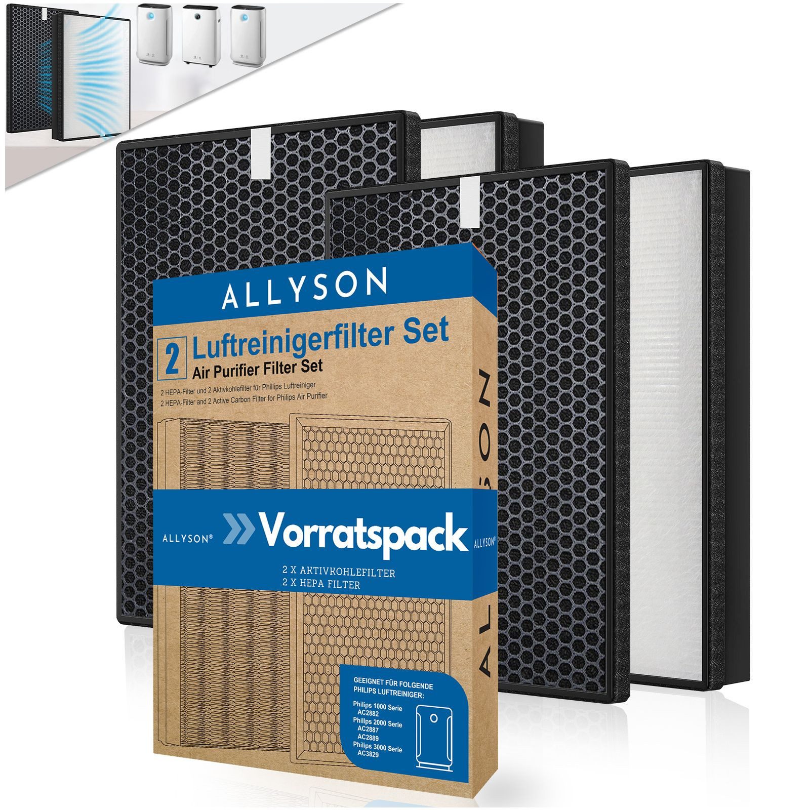 Allyson Aktivkohlefilter Alternative zu Philips Filter FY2422/30 und Aktivkohle FY2420/30, Zubehör für Philips 2000 & 3000 Serie, AC2880, AC2882, AC2885, AC2886, AC2887, AC2888, AC2889, AC2892, AC3821, AC3829, HEPA-Element und Aktivkohlefilter im Sparset