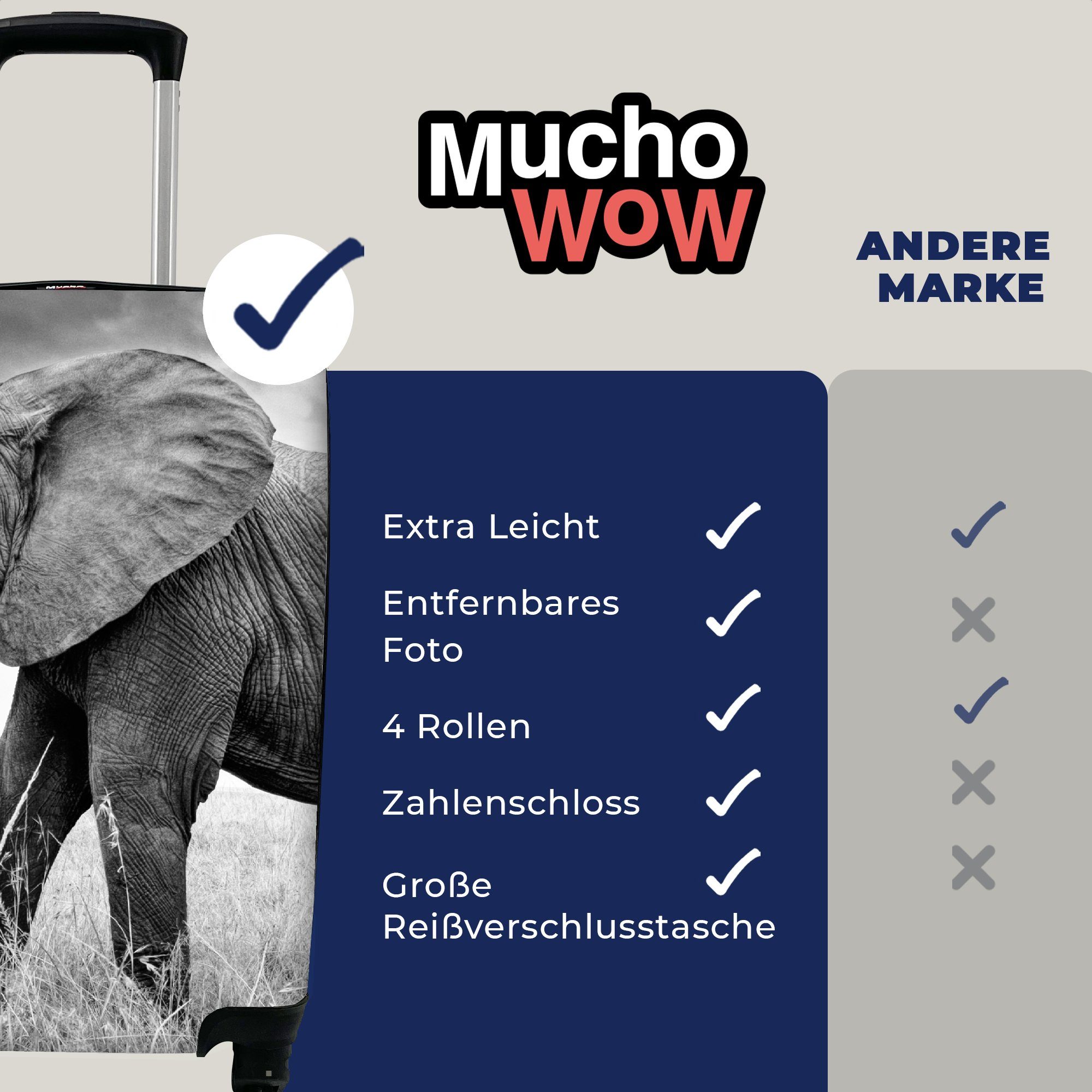 Reisetasche Elefant MuchoWow Rollen, - für Schwarz 4 Handgepäck Tiere mit Reisekoffer und Gras weiß, - rollen, Handgepäckkoffer Trolley, Ferien, -