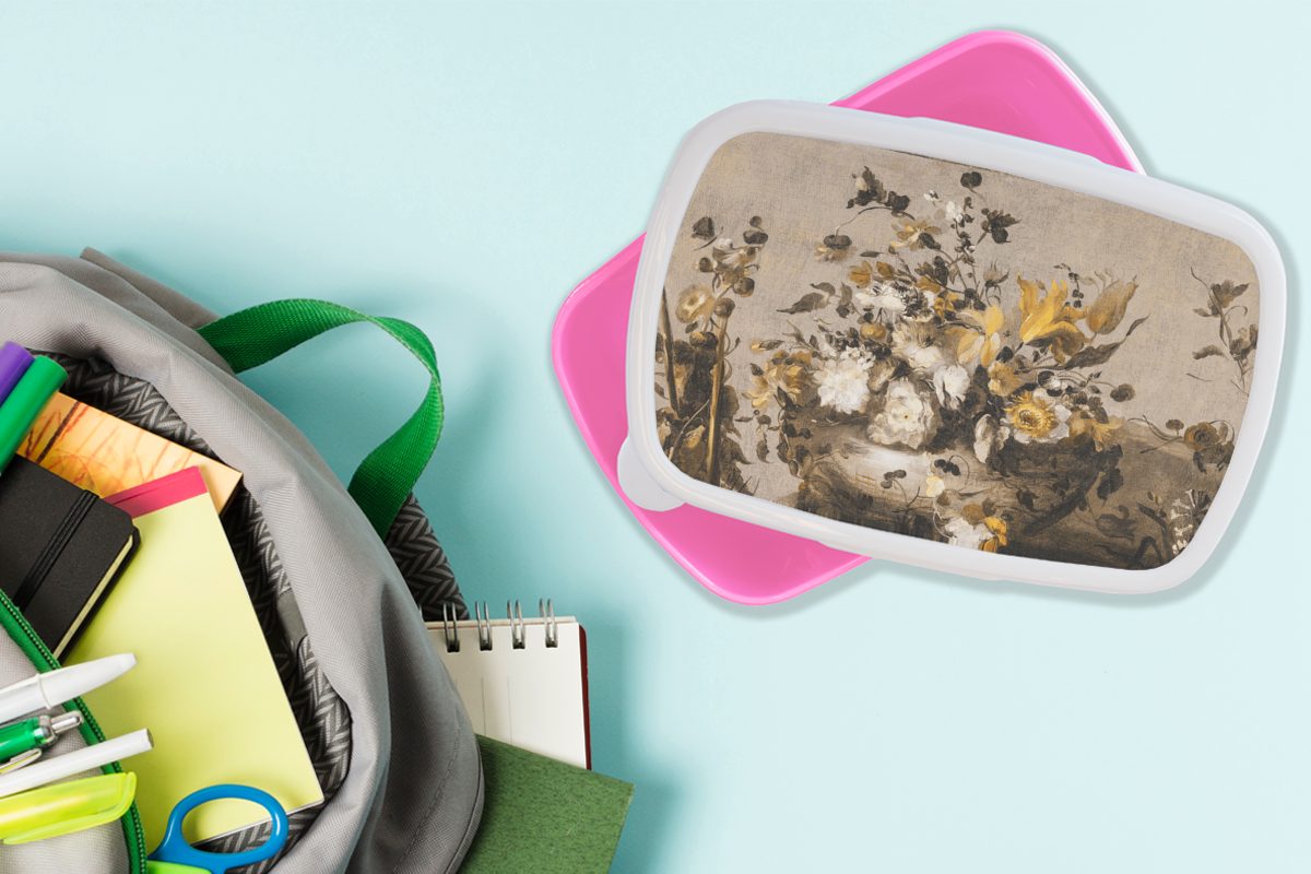 Erwachsene, - Brotbox Meister Kunststoff Snackbox, (2-tlg), Gelb, Brotdose Kinder, Mädchen, Kunststoff, MuchoWow - für Lunchbox rosa Alte Blumen