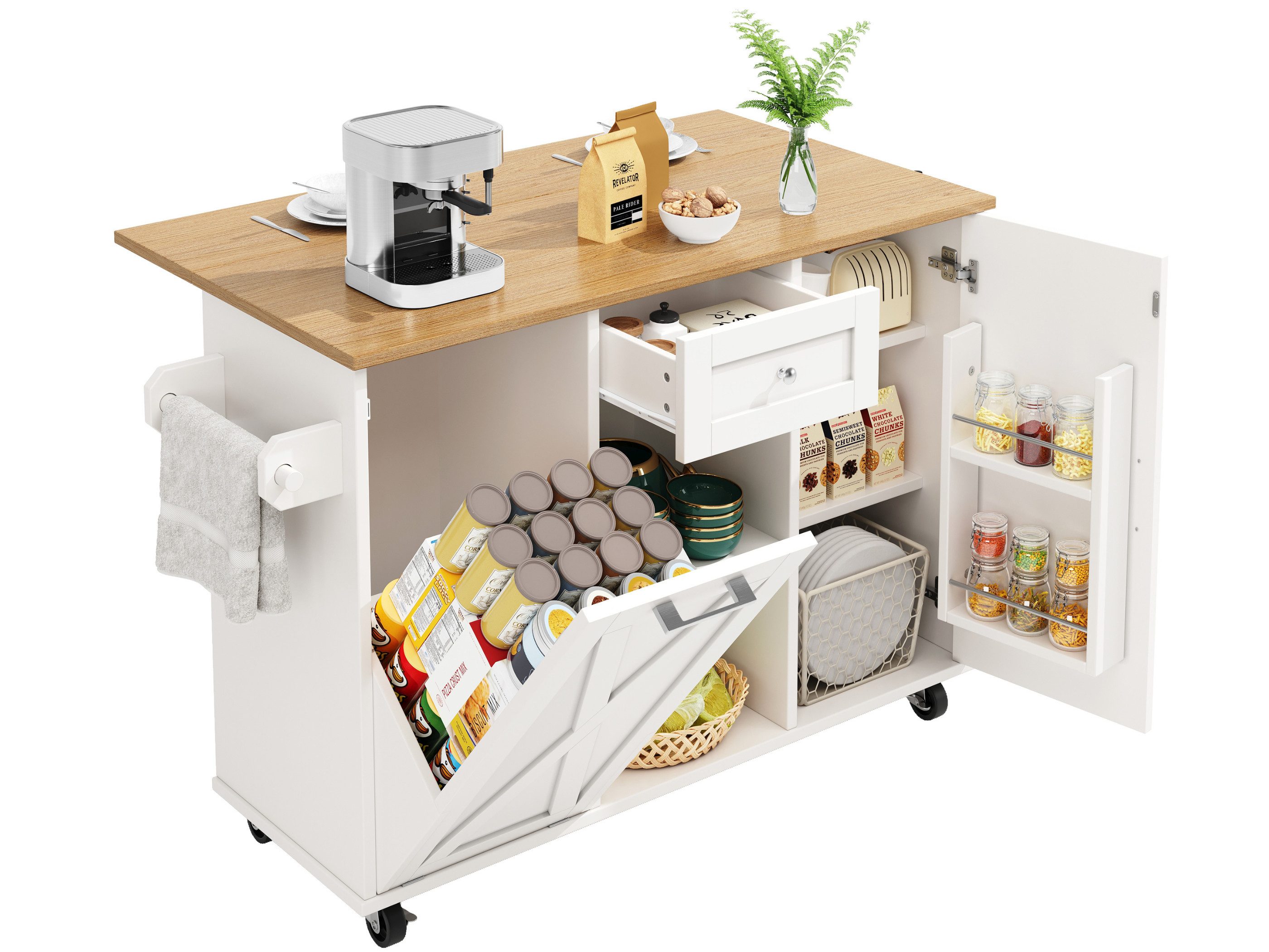 SeedWave Küchenwagen Kücheninsel auf Rollen mit 120cm Klappbarer Tischplatte, Türregalen, Servierwagen mit 1× Handtuchhalter, 1× Gewürzboard