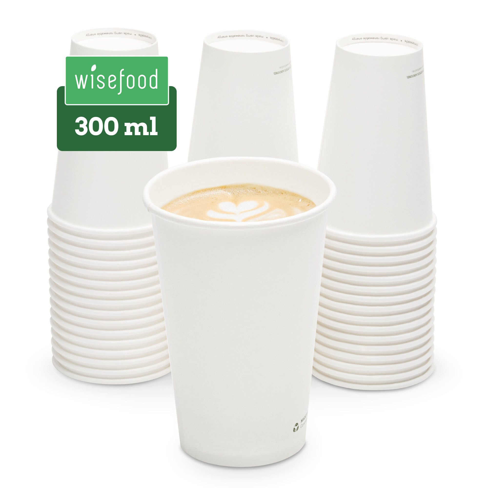 wisefood Einwegbecher 50-tlg., Bio-Pappbecher, 300 ml, kompostierbar, einwandig, weiß, 50-tlg., Papier