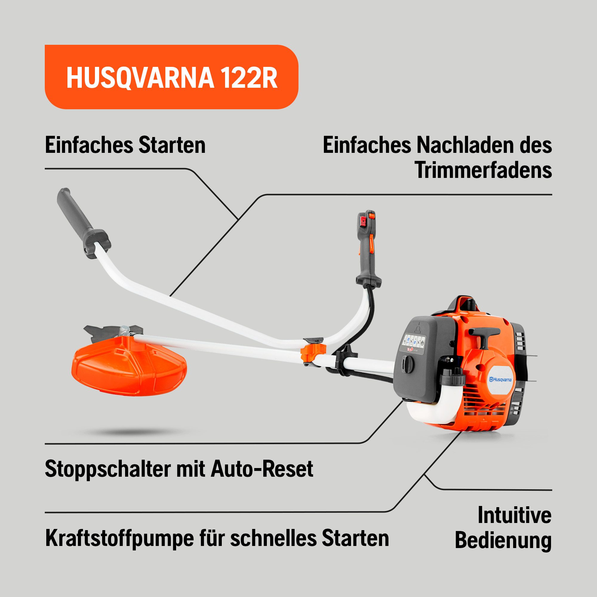 Husqvarna Benzin-Motorsense 122R, 2-Takt Freischneider, 43 cm Schnittbreite, Tap 'n Go Kopf