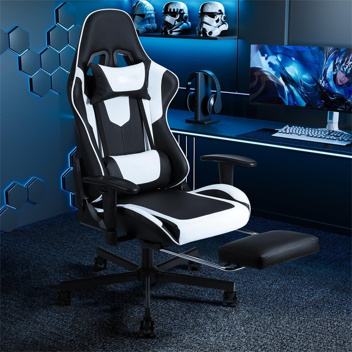 oyajia Gaming-Stuhl Massage Bürostuhl Chefsessel Ergonomischer Gaming Stuhl  mit Fußstütze, mit verstellbare Lendenkissen, Kopfkissen und Armlehnen,  Drehsessel