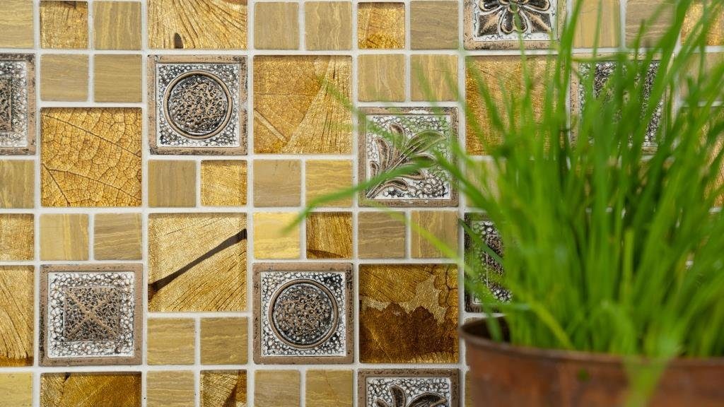 Mosani Mosaikfliesen Glasmosaik Resin Mosaik gold glänzend / 10 Matten