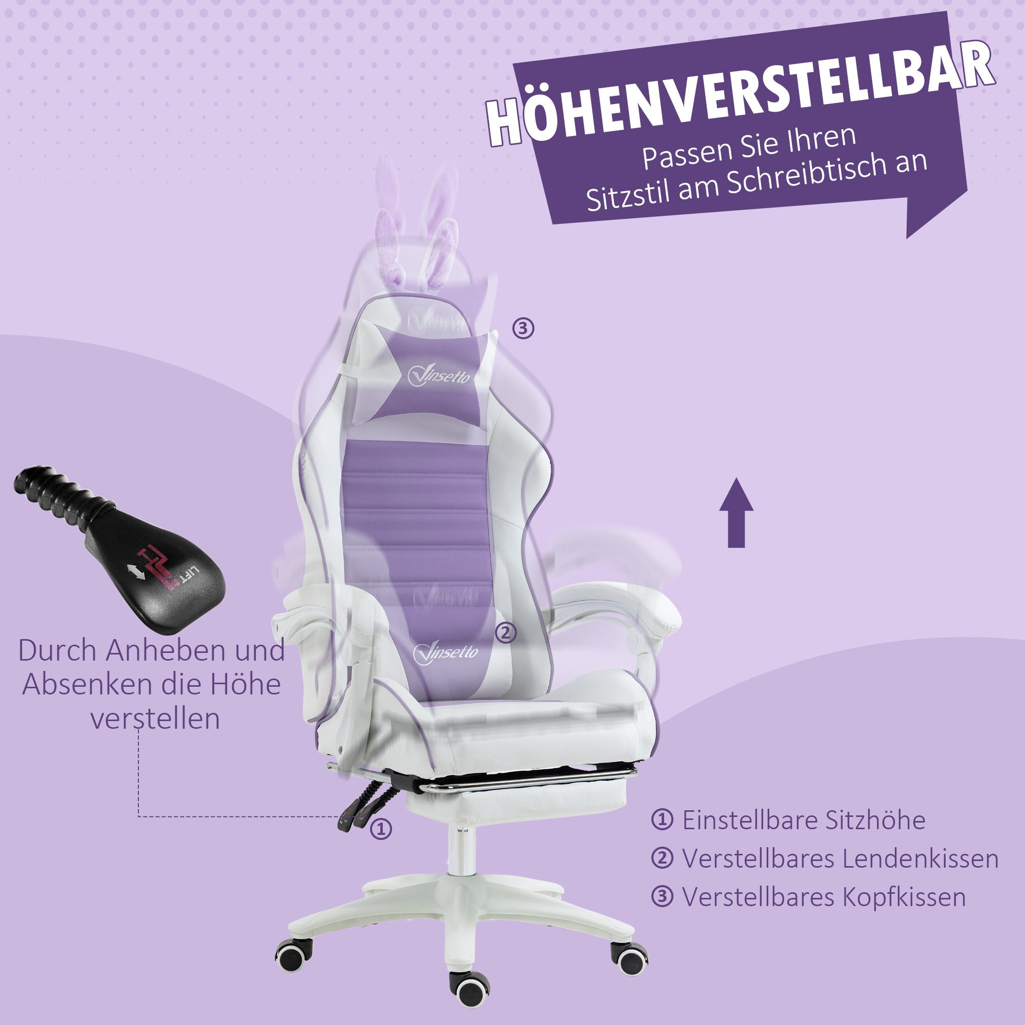 Vinsetto Gaming-Stuhl Gamer Stuhl ergonomisch mit Lendenwirbelstütze, Fußstütze (Bürostuhl, 1 St), PC-Sessel mit verstellbar Liegefunktion, 65 x 63 x 136-142 cm – Bild 5 von 5