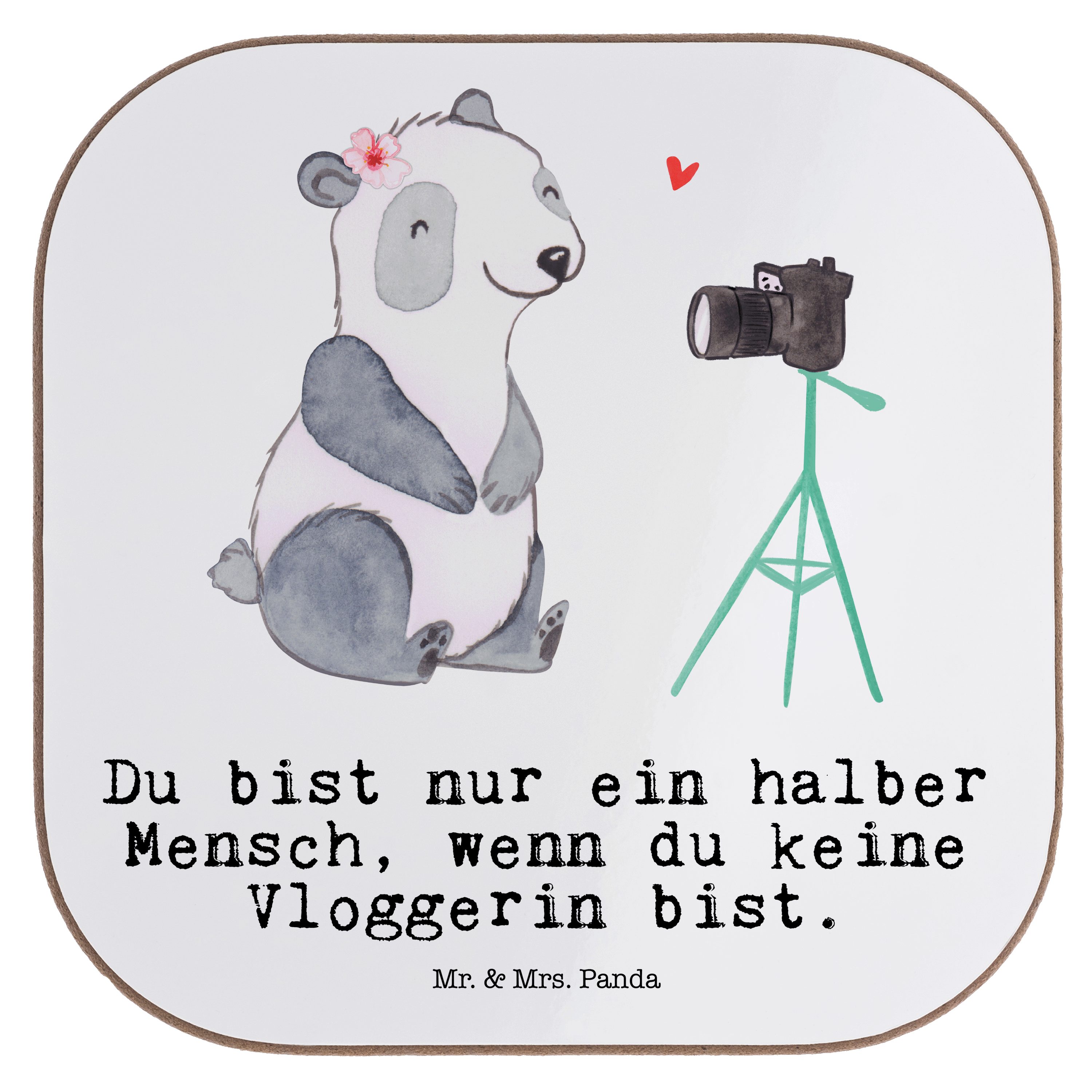Mr. & Mrs. Panda Getränkeuntersetzer Vloggerin mit Herz - Weiß - Geschenk, Beruf, Getränkeuntersetzer, Kol, 1-tlg.
