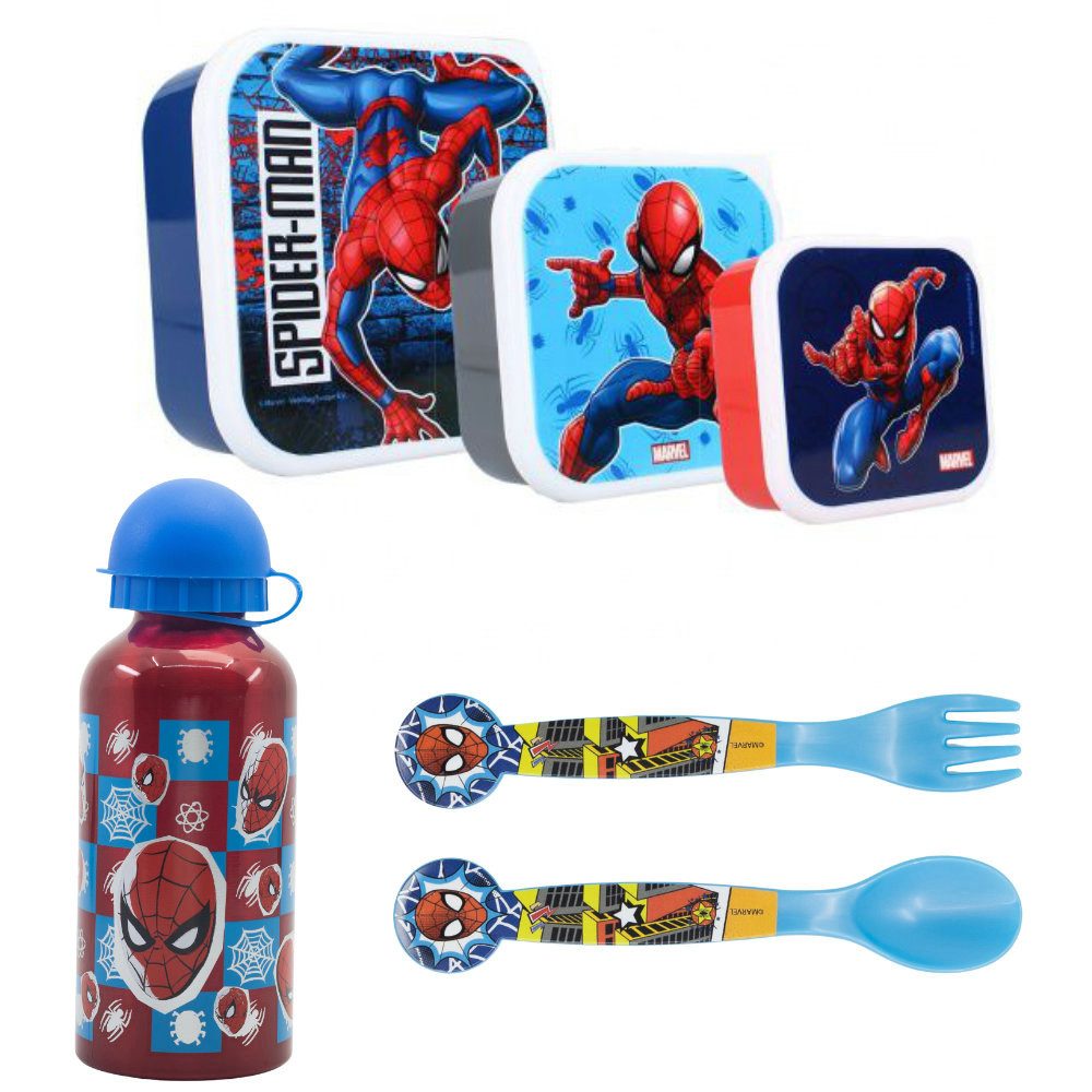 MARVEL Lunchbox Marvel Spiderman 6 tlg Kinder Set 3 Snack Dosen Alu-Trinkflasche, Kunststoff Aluminium, (6-tlg)