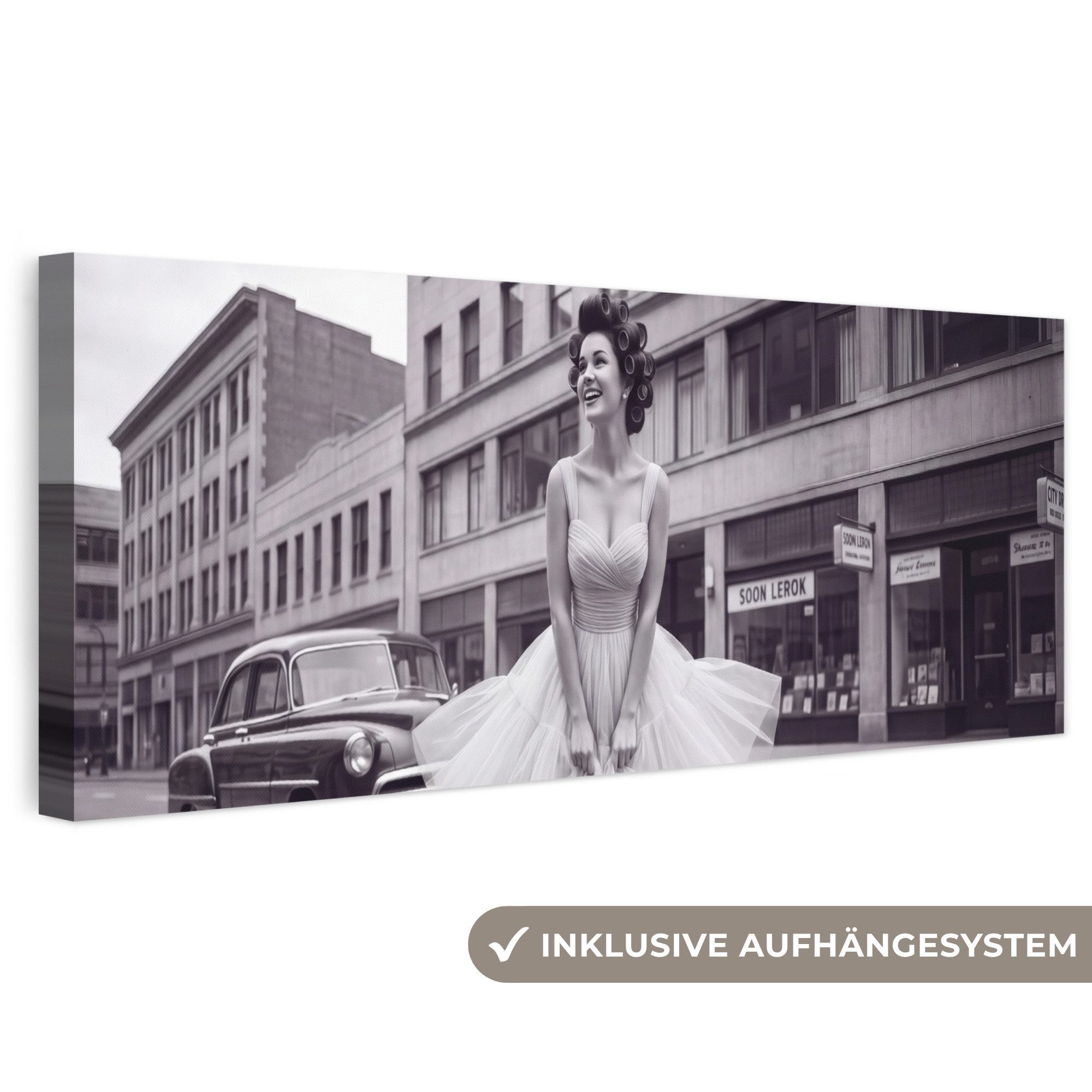 OneMillionCanvasses® Leinwandbild Panorama Retro - Frau - Schwarz - Weiß, Fotodruck (1 St), Wandbild, Deko Schlafzimmer Wohnzimmer Flur 60x20 cm