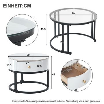 OBOSOE Couchtisch Elegantes zweiteiliges weißes Couchtisch-Set (2er Set), Glas, Marmor-Schieferplatte und Massivholzschubladen