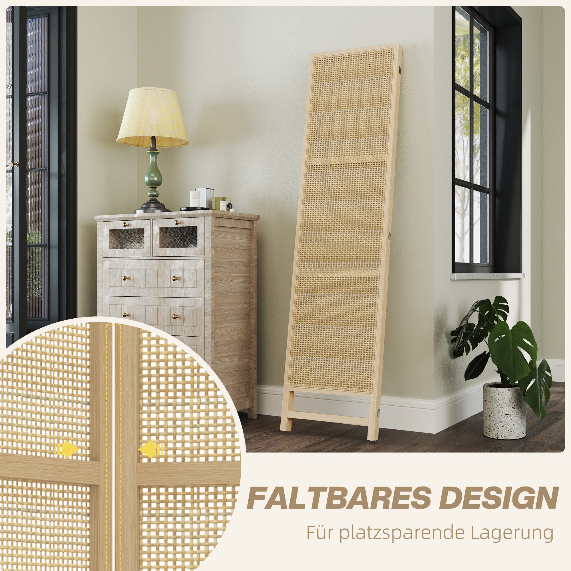 HOMCOM Paravent 3-teilig 135x180cm aus PP Rattan, Faltbar Raumtrenner Sichtschutz (Raumteiler, 1 St., Trennwand), für Wohnzimmer, Schlafzimmer, Naturholz – Bild 4 von 5