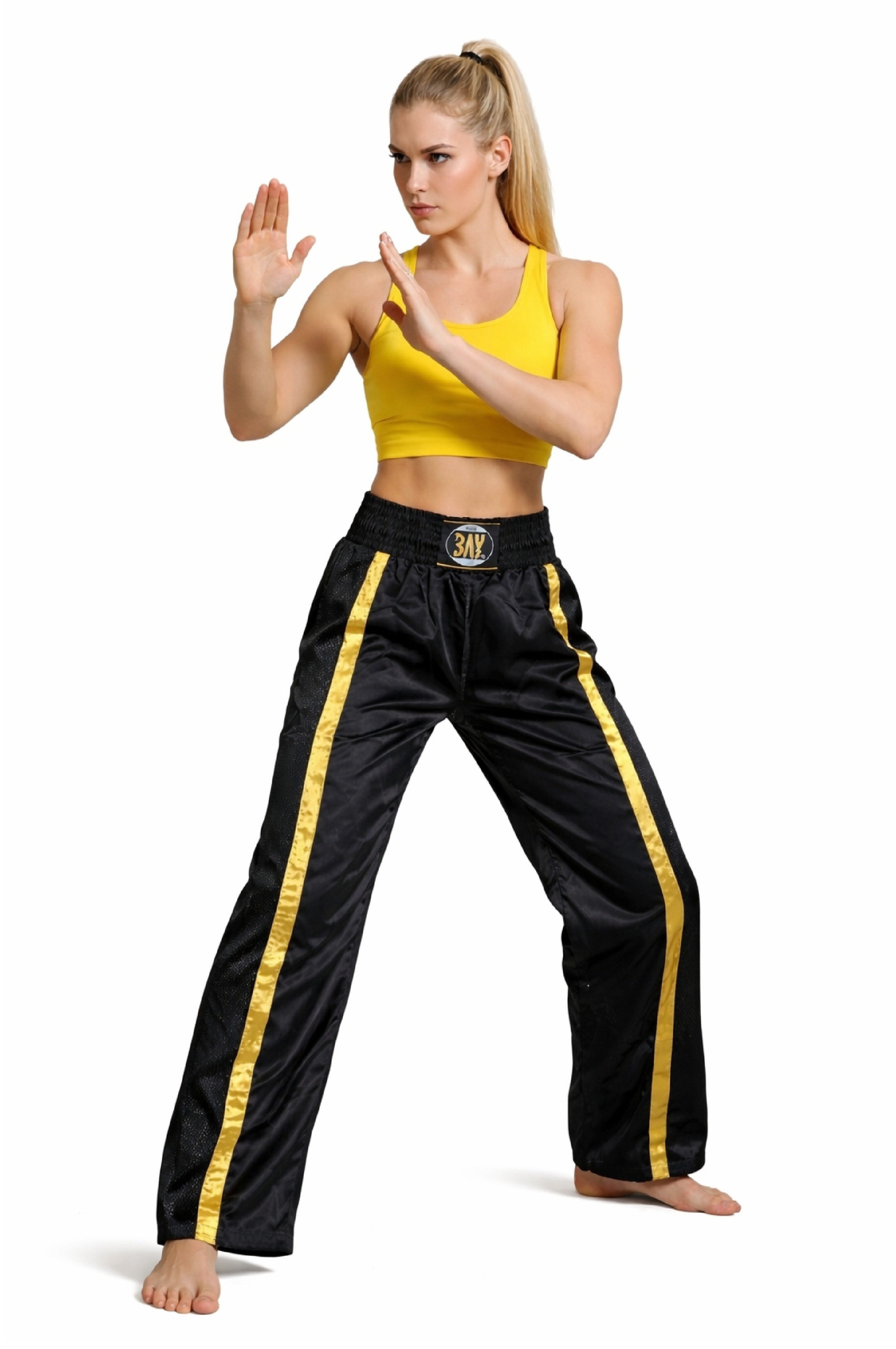 BAY-Sports Sporthose Kickboxhose NETZ-MESH Mesh Netzeinsatz Hose lang Kickboxen Kampfsport lange, leichte, locker sitzende Trainingshose, Schwarz/Gold