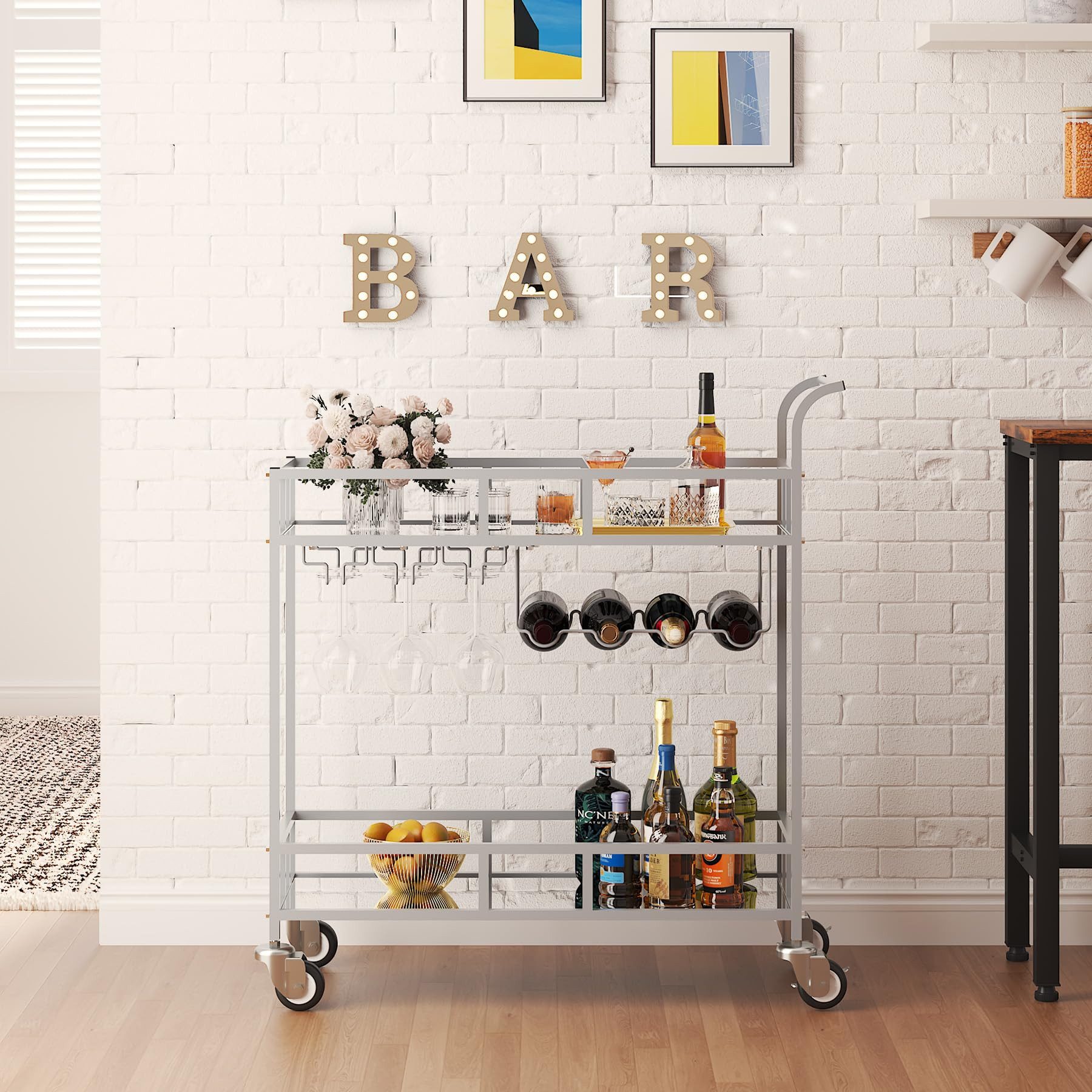 GarveeMore Weinregal 2 Tier Rolling Wine Bar Cart Kleine Warenkorb Weinregale