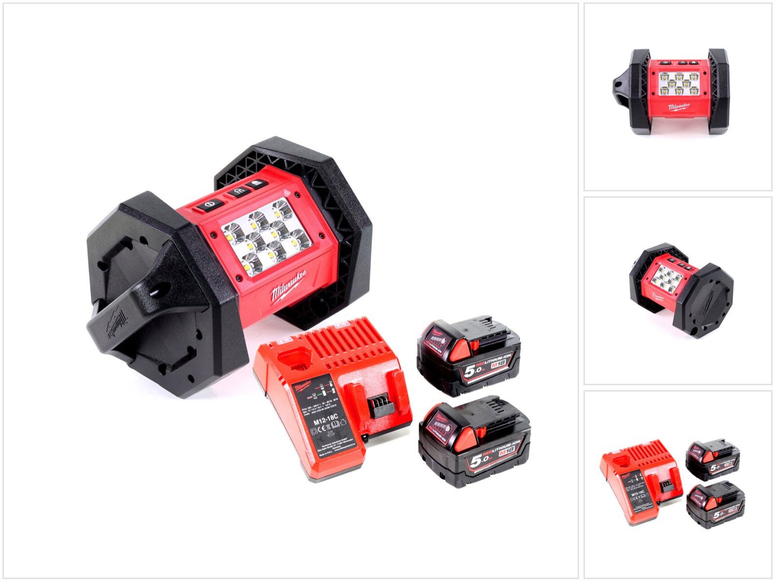 Milwaukee Baustrahler M18 AL-502C Akku LED Flutstrahler mit 1100 Lumen + 2x 5,0 Ah Akku + U