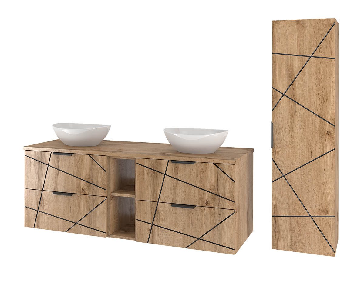 einfachgutemoebel Waschtisch-Set Badset 2-tlg. Doppelwaschtisch 140cm STRIATA, Wotan Aufsatzbecken, (Badmöbel Set, 1-St., Waschtisch Unterschrank)