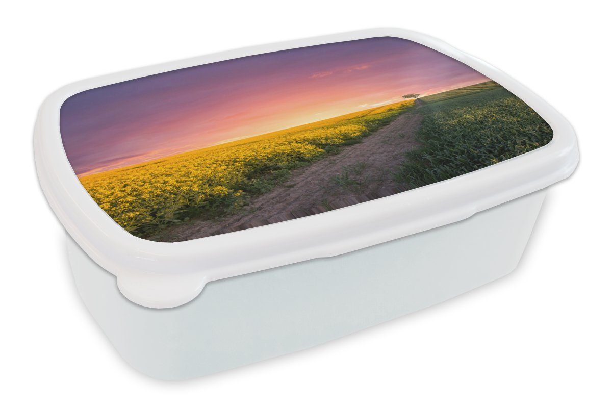 MuchoWow Lunchbox Blumen - Straße - Himmel - Gelb - Lila - Sonnenuntergang - Natur, Kunststoff, (2-tlg), Brotbox für Kinder und Erwachsene, Brotdose, für Jungs und Mädchen weiß