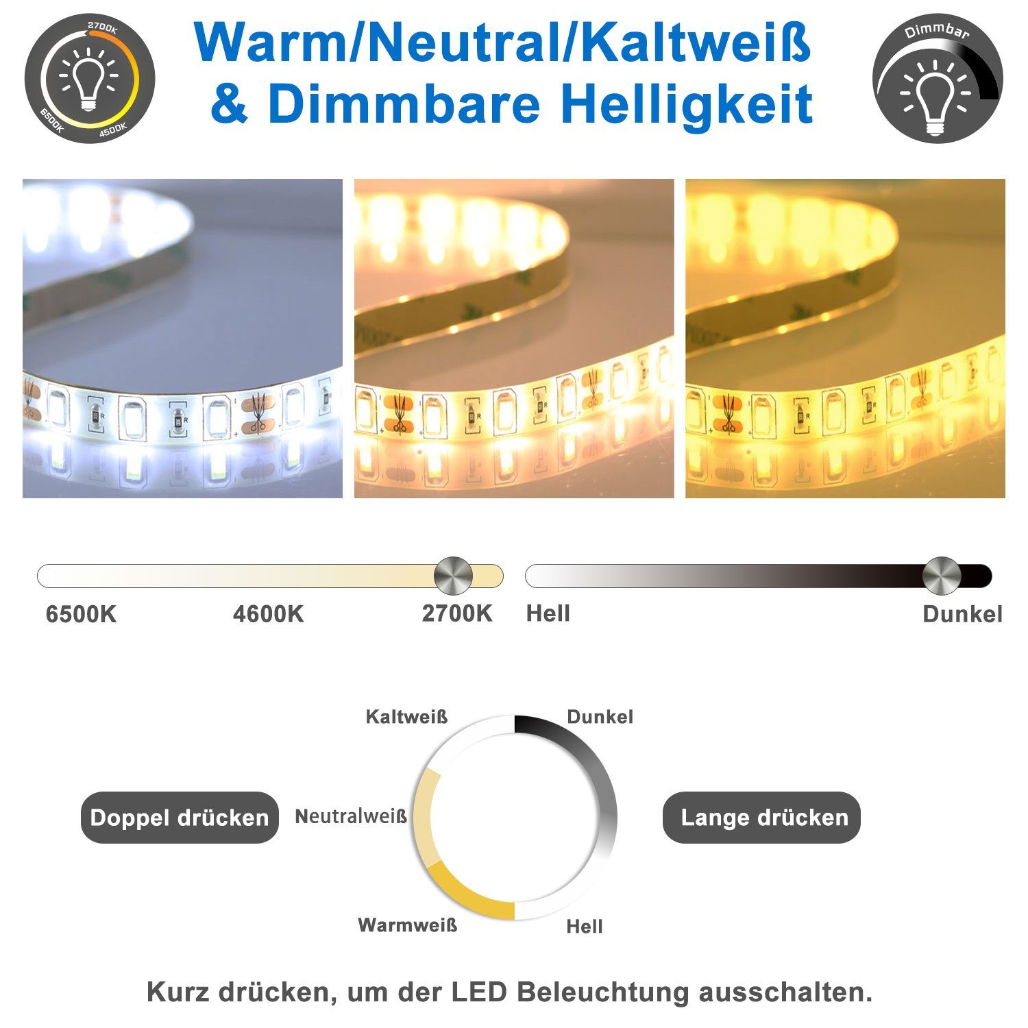 duschspa Badspiegel LED Beleuchtung Kalt/Neutral/Warmweiß Dimmbar Beschlagfrei, 3x LED Schminkspiegel, Touch, Wandschalter – Bild 5 von 5