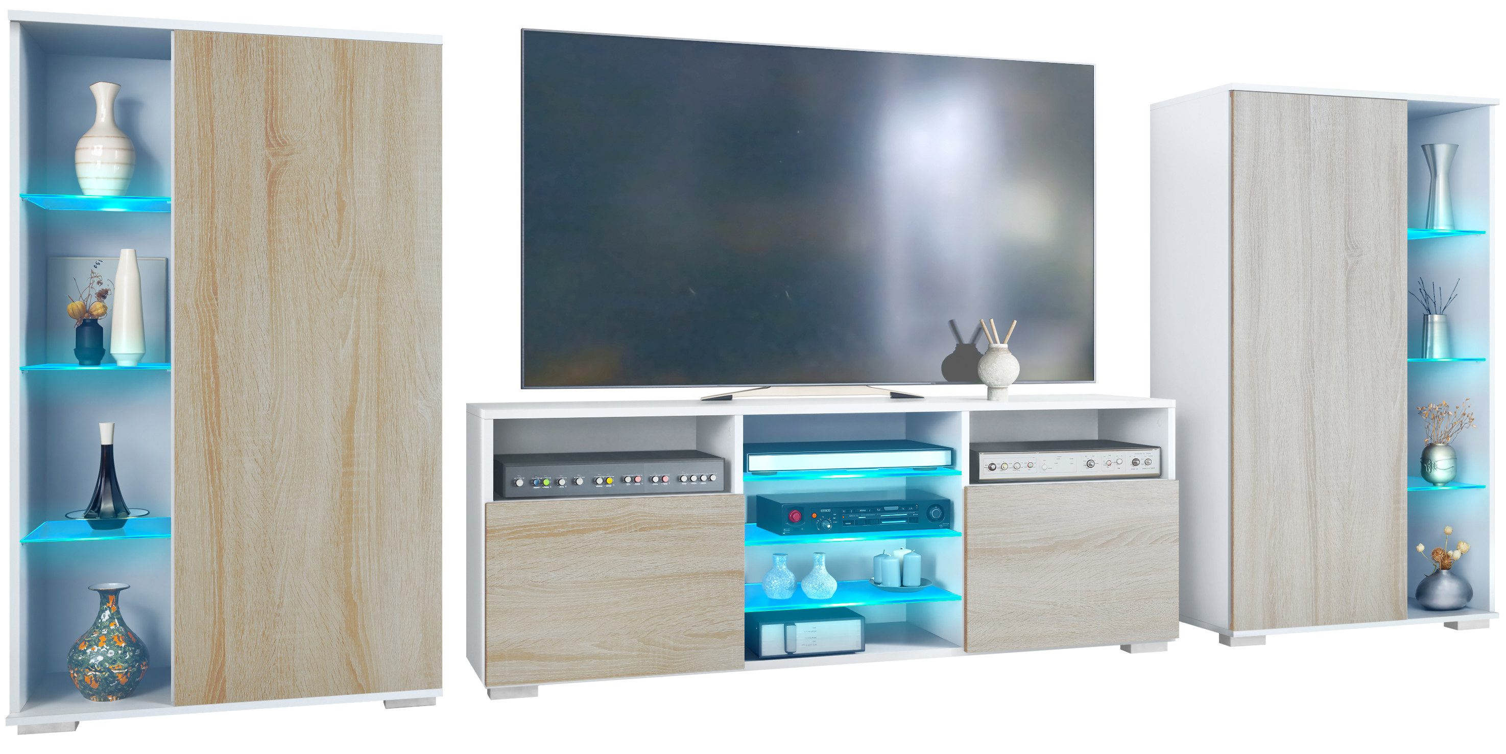 Vladon Wohnwand Davos, (Anbauwand, bestehend aus 2 Vitrinen, 1 TV-Board und LED-Beleuchtung), Weiß matt/Eiche sägerau (329 x 134 x 35 cm)