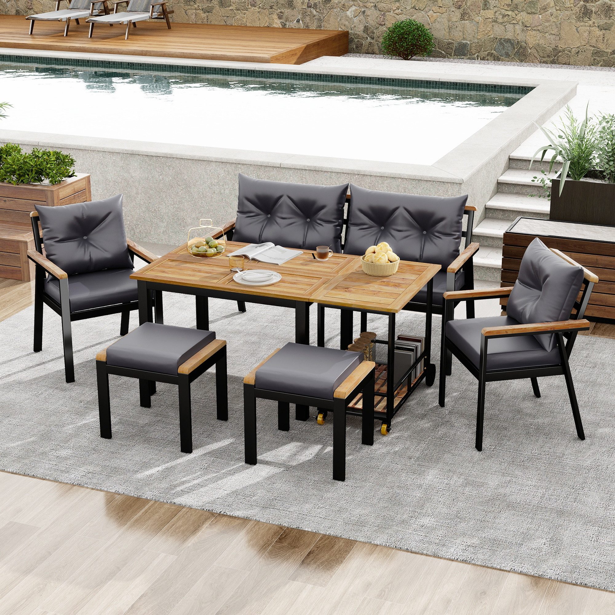 IDEASY Gartenlounge-Set Gartentischgruppe Akazienholz 6-Sitzer mit Esswagen