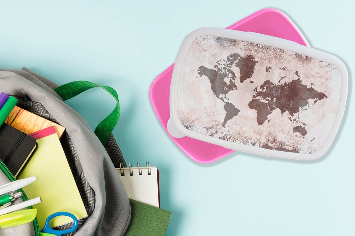 Lunchbox MuchoWow Rot, - Kunststoff Snackbox, Mädchen, Vintage Kinder, Erwachsene, Brotdose (2-tlg), Weltkarte rosa für Kunststoff, Brotbox -