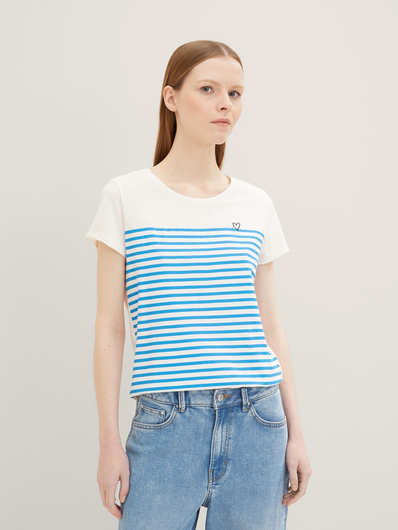 Denim white stripe mit blue Langarmshirt T-Shirt mid kleiner TOM Gestreiftes TAILOR Stickerei