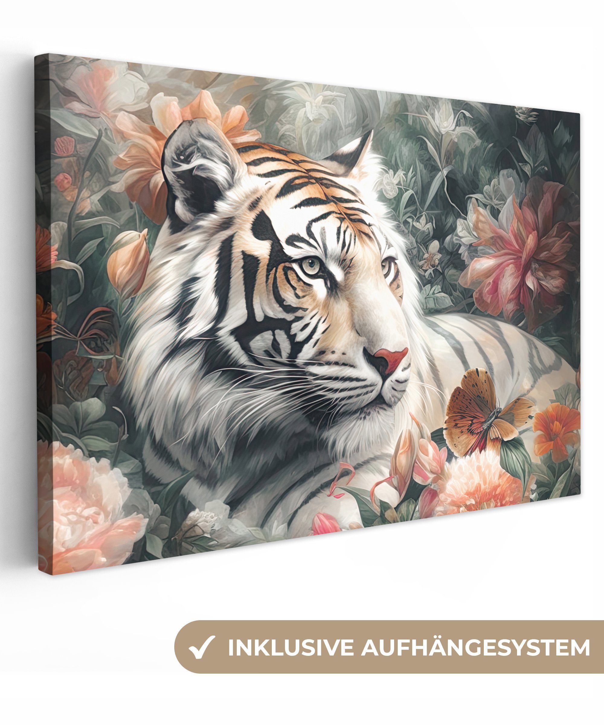 OneMillionCanvasses® Leinwandbild Tiger - Wildtiere - Blumen - Dschungel, (1 St), Leinwand Bilder Klein, Wand Dekoration 30x20 cm