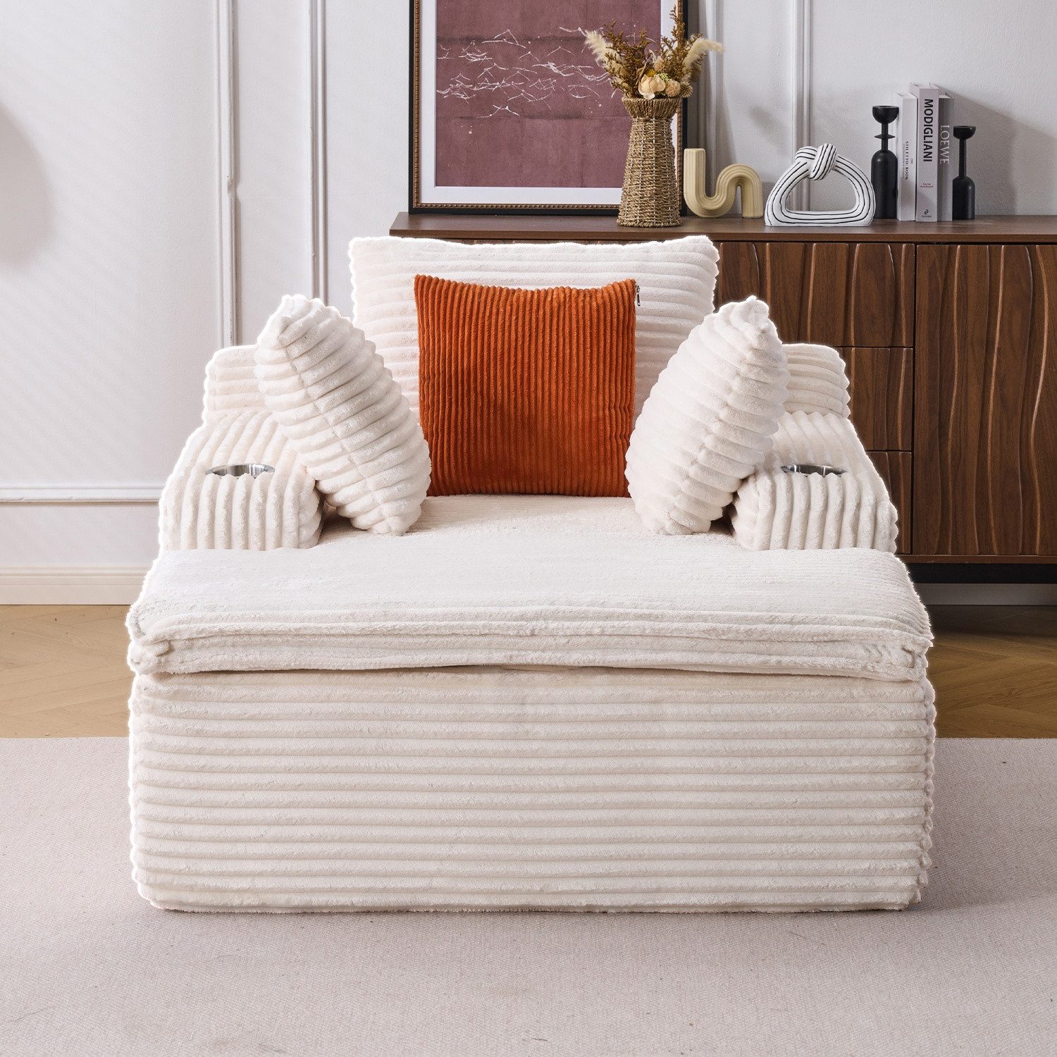 ANYSUN Chaiselongue XXL Relaxsessel aus Cord mit Federkern und tiefer Sitzfläche,3 Kissen, Loungesofa mit Decke,Getränkehaltern,montagefrei,Seitentaschen,Beige