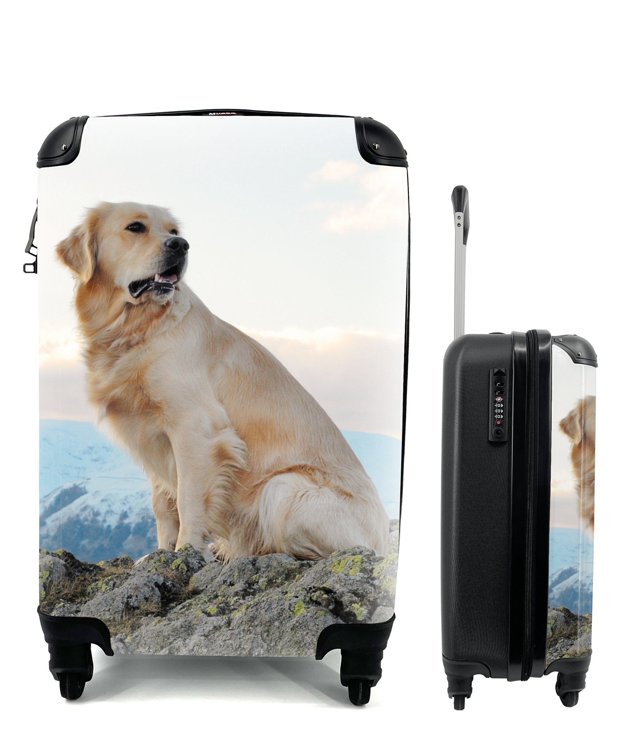 MuchoWow Handgepäckkoffer Ein Golden Retriever sitzt auf den Felsen, 4 Rollen, Reisetasche mit rollen, Handgepäck für Ferien, Trolley, Reisekoffer