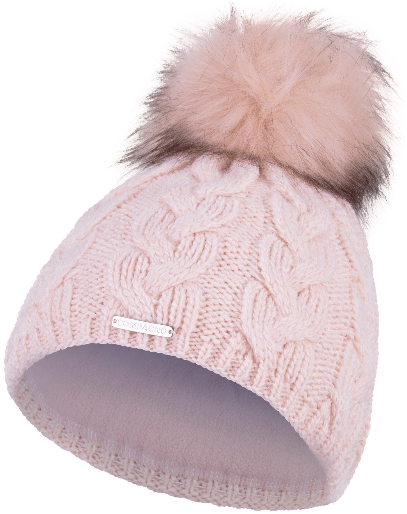 compagno Bommelmütze (1-St) Bommelmütze Wintermütze Zopf-Strickmuster Damen Fleecefutter Beanie