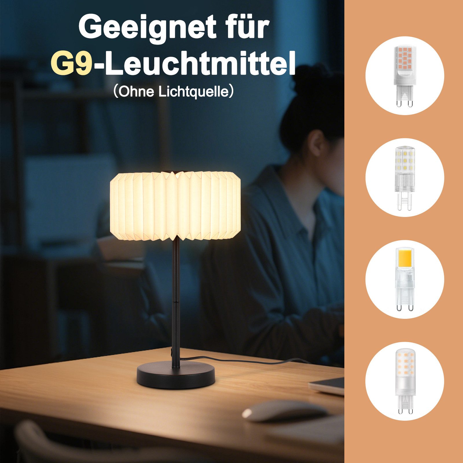 ZMH Tischleuchte G9 Origami Papier Weiß, ohne Leuchtmittel, Nachttischlampe mit Metallfuß und Kabelschalter, max. 40 W – Bild 2 von 5