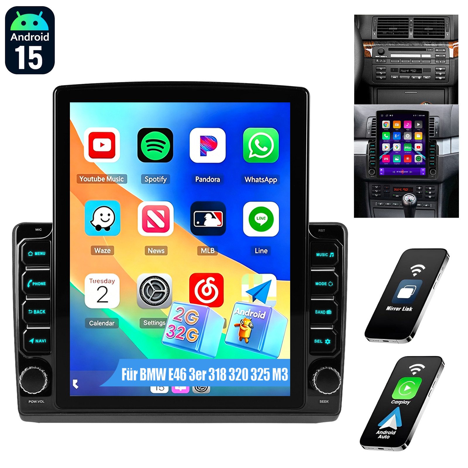 ESSGOO 9.7'' Carplay Für BMW E46 3er 318 320 325 M3 Autoradio Android 15 GPS Autoradio (RDS, 4+64GB(optional), Digitalradio (DAB), FM, USB- und Type-C, Carplay Android Auto Bluetooth EQ USB GPS Navi WIFI Touchscreen)
