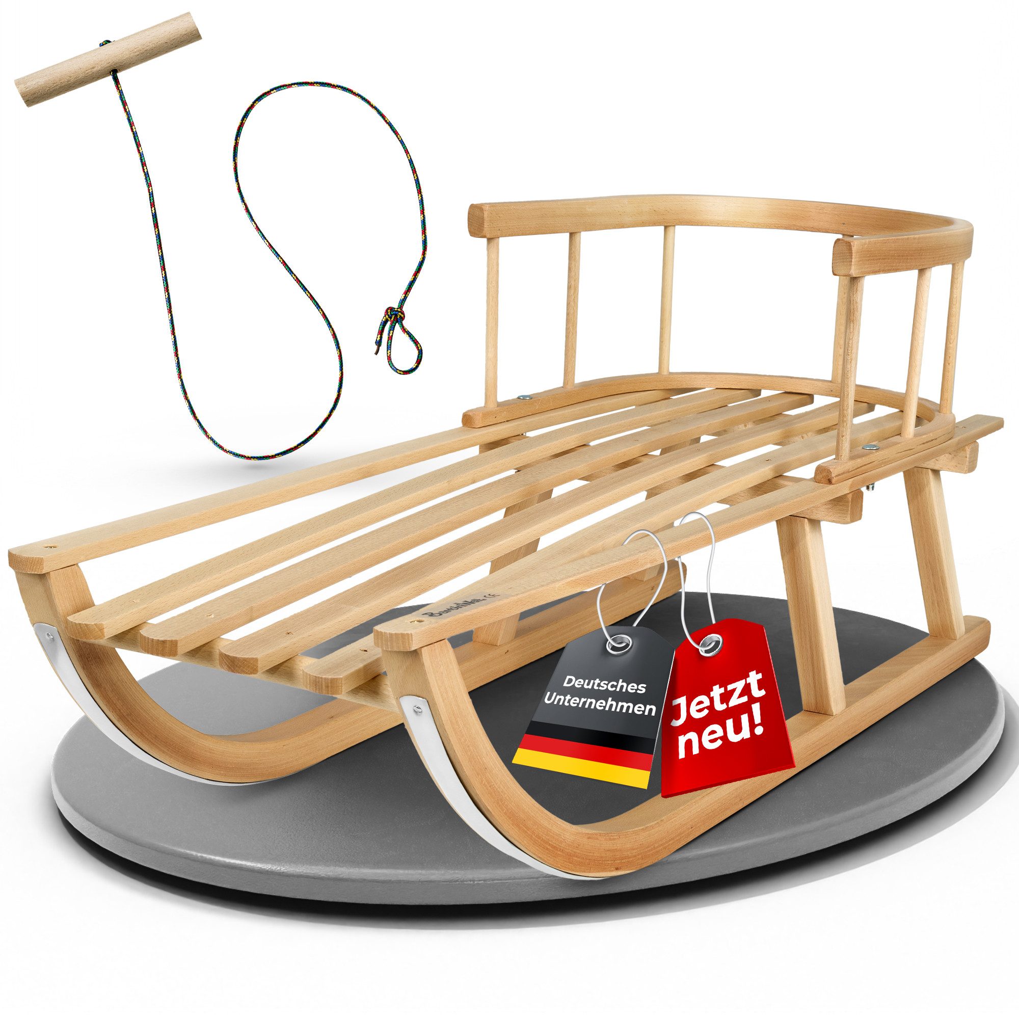 BambiniWelt by Rafael K. Davoser Schlitten Schlitten Holzschlitten Kinderschlitten + Rückenlehne + Zugseil 90cm
