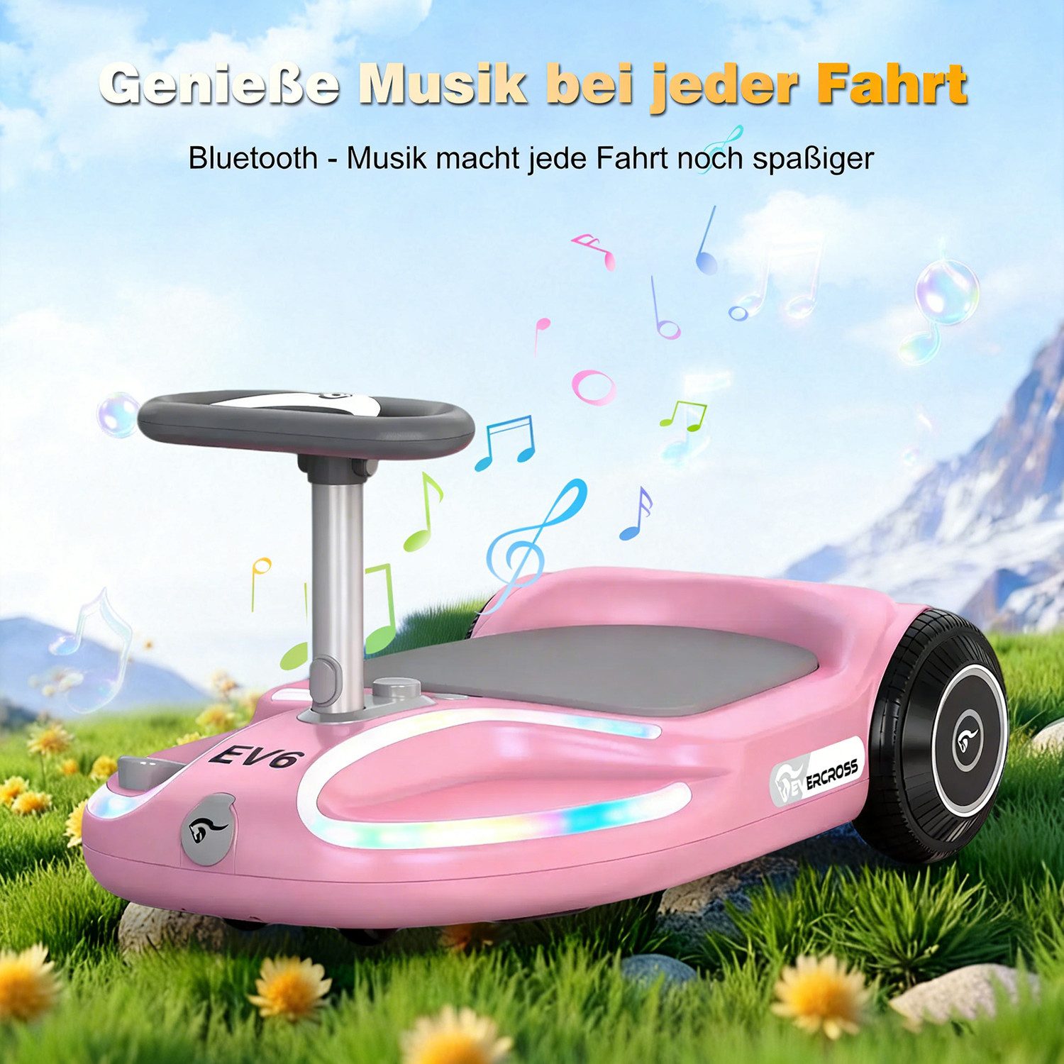 EVERCROSS TECH Elektro-Kinderauto EV6 Elektrisches Rutschauto mit 360°-Drehung & Bluetooth-Musik, 3-Gang-Modi, 25,2V Akku, Maximal 9 km/h,100+ Lichtmoden