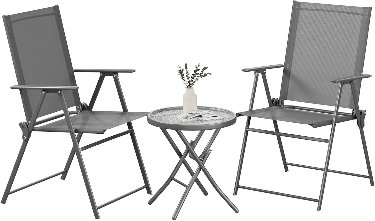 TLGREEN Balkonset 3-Teiliges Balkonmöbel Set,Bistro Set, (3-tlg., 2 Klappstühlen & 1 klappbarem Glastisch), platzsparend für Balkon, Garten, Wohnmobil