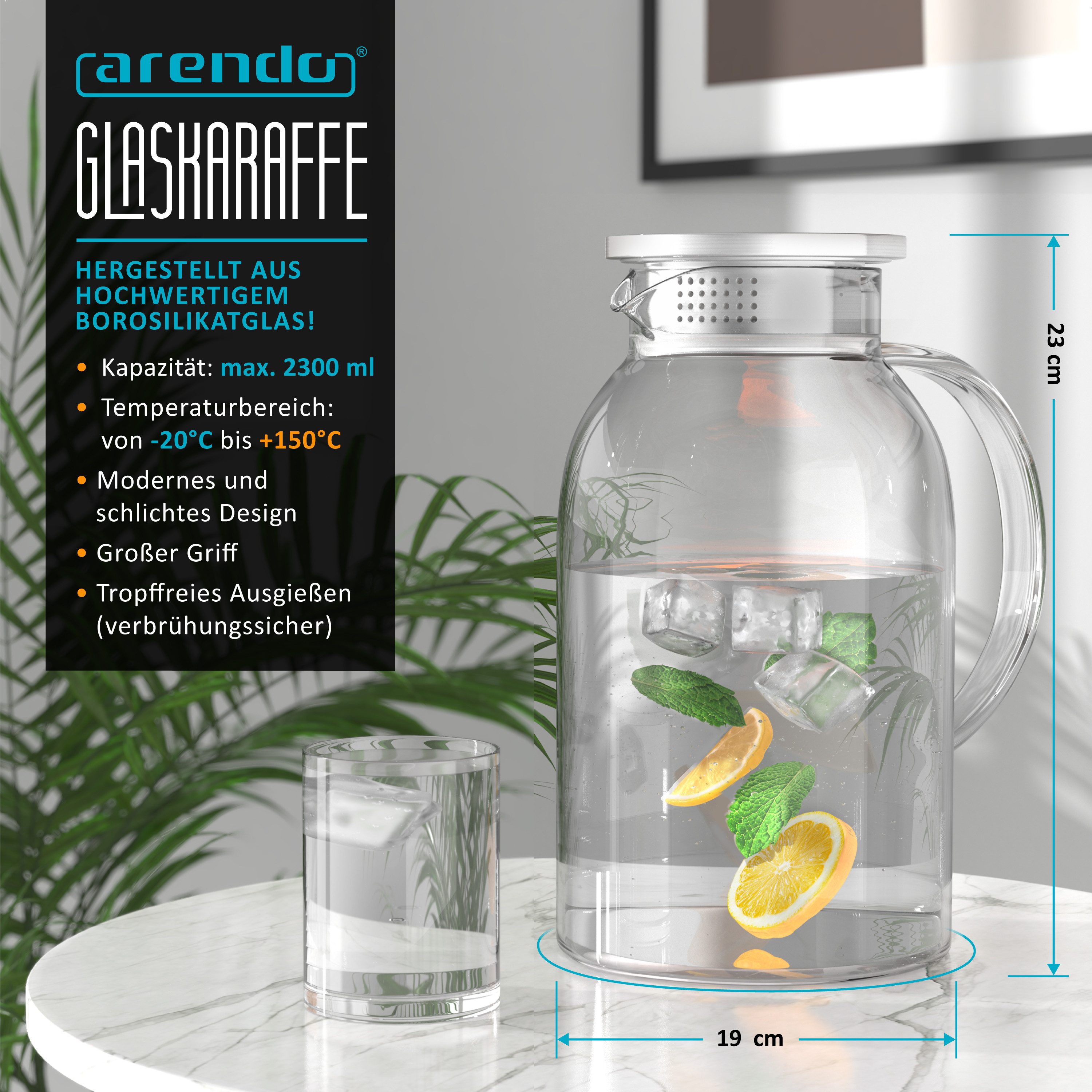 Arendo Karaffe Glaskaraffe 2,3 Liter mit Deckel aus lebensmittelechtem Edelstahl, Borosilikatglas, 2300 ml, Sieb, hitze- und kältebeständig, BPA-frei