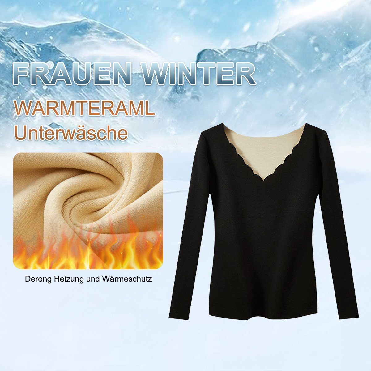 Oberteil Langarmshirt V-Ausschnitt,für Thermounterhemd Thermounterwäsche Jormftte Damen winter Schwarz