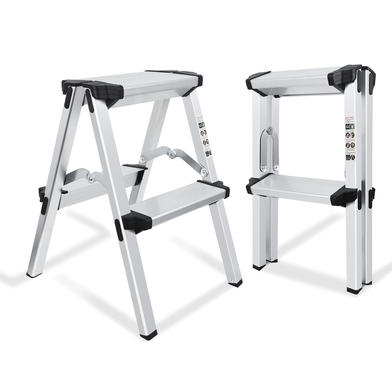 kisidus Trittleiter mit 3 Stufen/ 2 Stufen, Alu Klapptritt, Haushaltsleiter bis 150 kg, (Stehleiter beidseitig begehbar, Zweiseitige Aluleiter, Stufenstehleiter), Mehrzweckleiter
