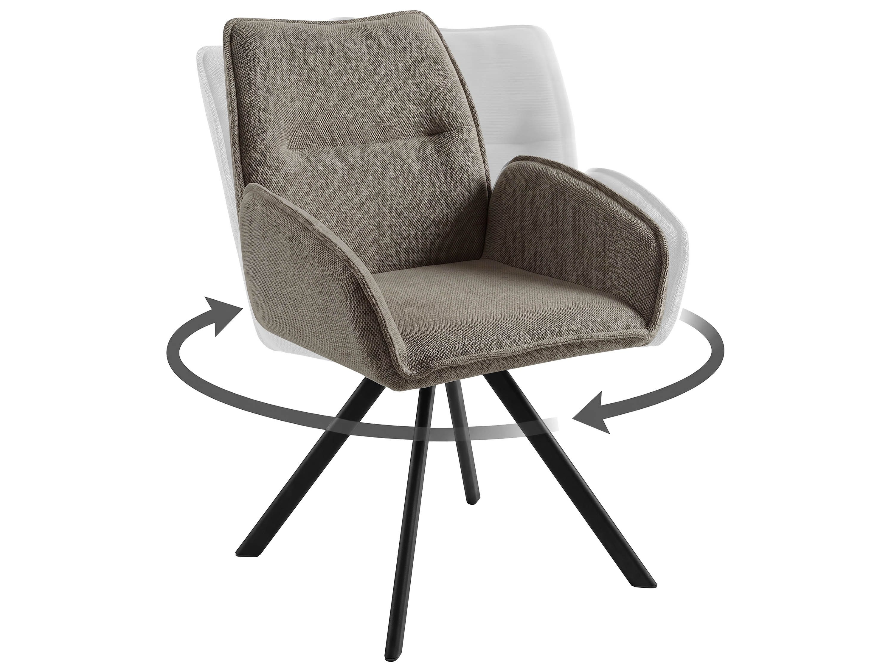 Beautysofa Drehstuhl Zerra Esszimmerstuhl 360° drehbar mit Armlehnen (gepolsterter Esszimmersessel aus Strukturstoff, 1 St), Drehstuhl mit schwarzem Metallgestell